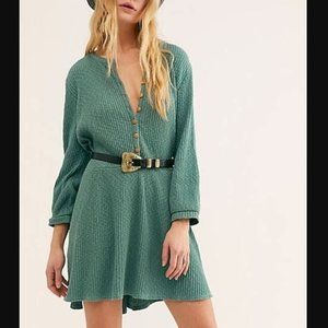 Free People FP Beach Blossom Ribbed Henley Waffle Knit Dress | Guacamole | XS
